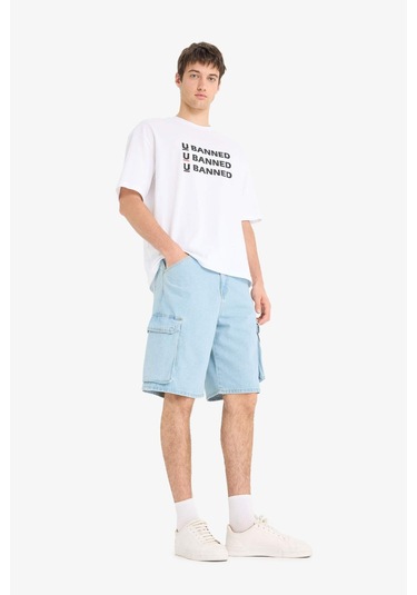 Defacto %100 Pamuk Kargo Fit Jean Bermuda Şort E1381ax25smnm39 Mavi