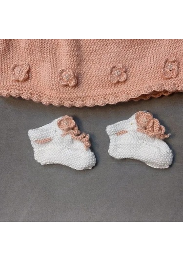 Uretti - Talia 8659 - 5678 El Örgüsü Kız Çocuk Elbise - Bandana - Patik Üçlü Takım - 6 / 9 Ay Gülkurusu