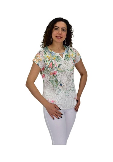 Kadın Kısa Kol Baskılı Bluz Bgl-st04691 Krem