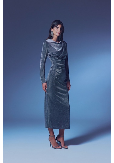 Simli Midi Elbise - Antrasit-135360 Antrasit