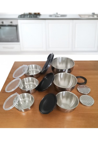 Steel&More Çelik Rendeli Saklama Kabı 9parça Ve 3'lü Saklama Kabı 15 Parça Set Gri