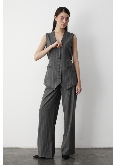 Antrasit Çok Düğmeli Çizgili Premium Takım Antrasit
