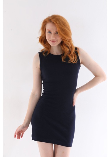 Kallima Lacivert Kolsuz Diz Üstü Mini Fitilli Esnek Kalem Elbise Lacivert