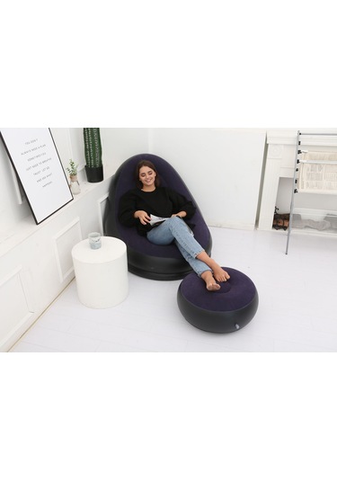 Ikkb Şişme Tembel Koltuk Pedal İle İki Parçalı Taşınabilir Dış Mekan Mobilya Ayak Pompalı Mavi Mavi