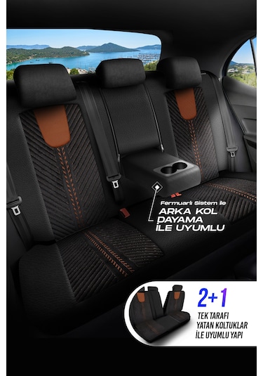 Siyah - Taba Garni Panda Monte Carlo Serisi Velor Kadife Kumaş Oto Koltuk Kılıfı - Tam Set