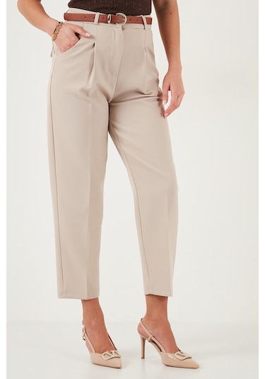 Lela Regular Fit Yüksek Bel Düz Paça Kemerli Bayan Pantolon 68350938 Taş