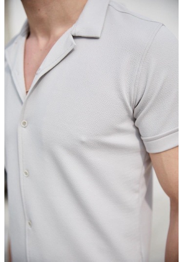Gri Renk Dokulu Kısa Kol Erkek Gömlek-1584 Gri