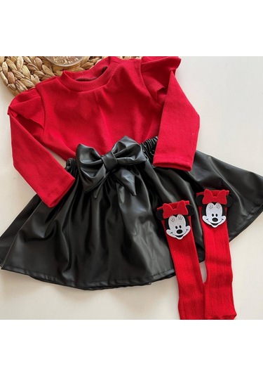 Deri Etek Badi, Diz Altı Çorap Takımı Kız Çocuk Takım Kırmızı