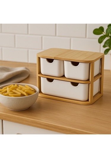 Doğal Bambu Çok Amaçlı 3 Gözlü Çekmeceli Organizer Br-6711 Beyaz