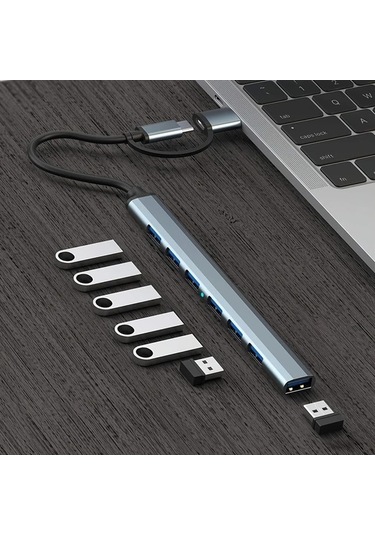 Meridiangoods 7'li 2'si 1 Arada Usb C Hub Uzun Şerit Bağlantılı Usb 3.0 Ve Usb C Dönüştürücü
