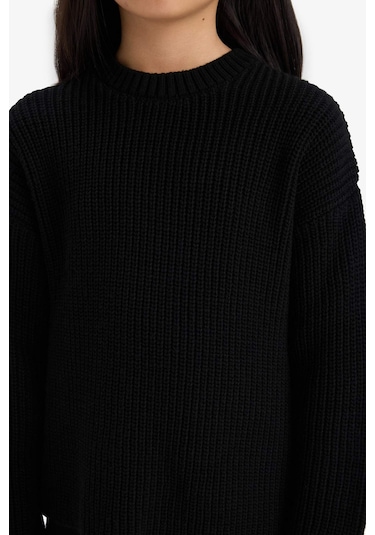 Defacto Kız Çocuk Standart Fit Bisiklet Yaka Triko Kazak C6909a825aubk27 Siyah