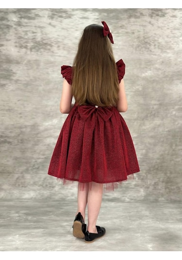 Riccotarz Kız Çocuk Omzu Fırfırlı Parıldayan Bordo Elbise Bordo