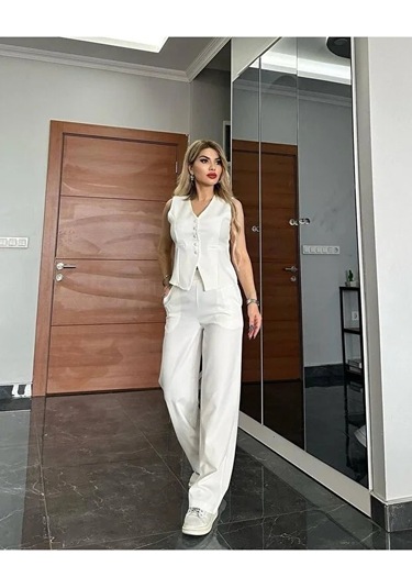 Kadın Yelek Pantolon Takım Kadın Şık Yelekli Takım - Dar Kalıptır Beyaz Beyaz