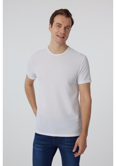 Süvari Beyaz Slim Fit Armürlü Bisiklet Yaka Tişört-37336 Beyaz