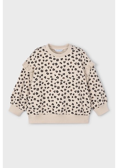 Kız Çocuk Kolları Fırfırlı Leopar Desenli Sweatshirt - Bej Mavi