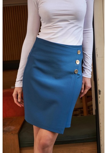 Kadın Arkadan Fermuarlı Düğme Detaylı Hafif Likralı Kumaş Diz Üstü Kalem Etek-petrol Petrol