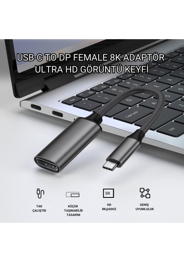 Polham Type C To Displayport Adaptör 8k Uhd 60hz Dayanıklı Örgü Kablo Tak-çalıştır 8k Dp Kablosu
