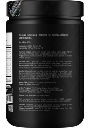 Kingsize Nutrition Arginine Powder 750 Gr