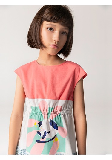 Sheshe Kısa Kollu Kareli Ve Çiçek Kız Çocuk Elbise Renkli