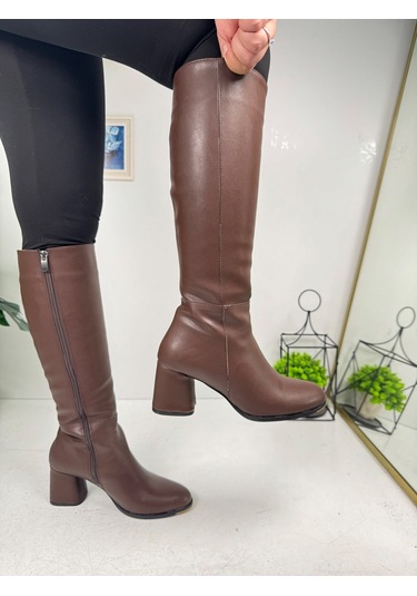 Günlük Kadın Yüksek Kalın Topuklu Fermuarlı Diz Altı Rahat Çizme 3001 Acı Kahve