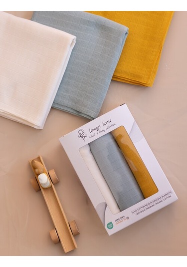 Çok Amaçlı Müslin Örtü & Battaniye 3'lü Set Pamuk Oeko-teks Sertifikalı 80x80 CM Hardal