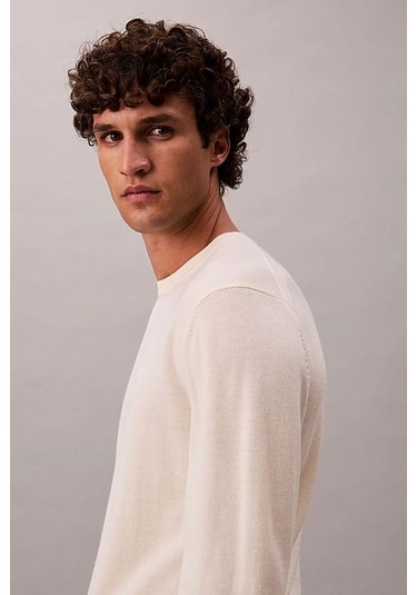 Erkek Regular Fit Merinos Yünü Triko Kazak - Krem Antique White