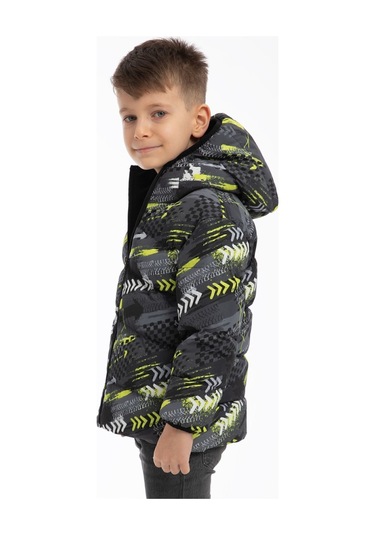 Erkek Çocuk Sarı Siyah Dijital Desen Içi Polar Su Ve Rüzgar Geçirmez Kapüşonlu Şişme Kışlık Mont Sarı - Siyah