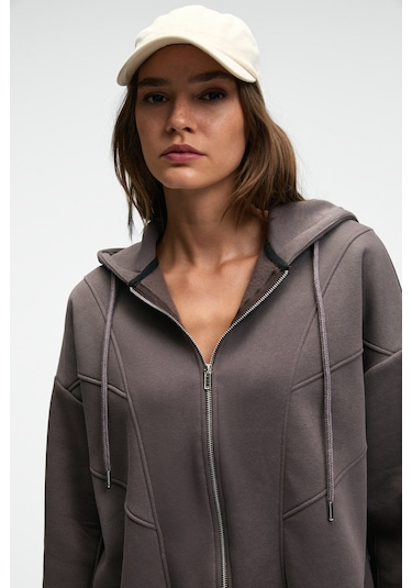 VYSELLE Kadın Önü Kesikli Metal Fermuarlı Kapüşonlu Etiket Detaylı Oversize Antrasit Sweatshirt