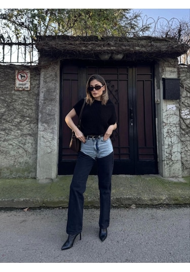 Sensuelle Jeans Kot Parçalı Palazzo Pantolon - Siyah Siyah