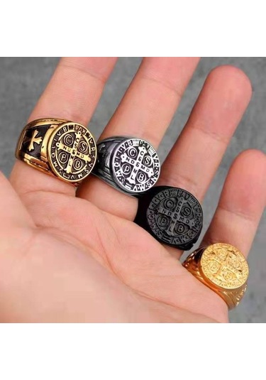 Gümüş Siyah Yüksek Kaliteli Katolik Patron İç İçe Yüzük Erkek Kadın 316l Paslanmaz Çelik Hip Hop Punk Takı Erkek İçin 7