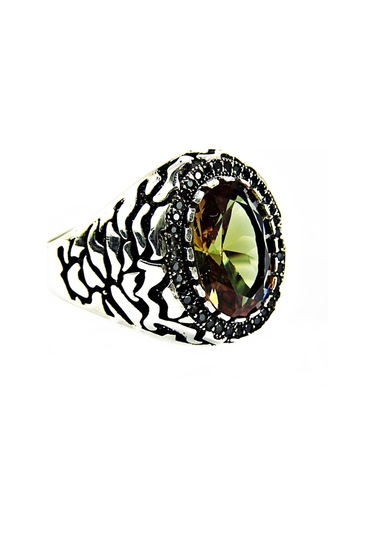 Zultanit Oval Taşlı Yanları Siyah Taşlı Gümüş Erkek Yüzük