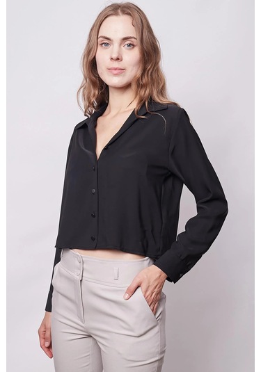 Kadın Likrasız Şık Kumaş Yakalı Uzun Kol Kısa Gömlek-siyah Siyah