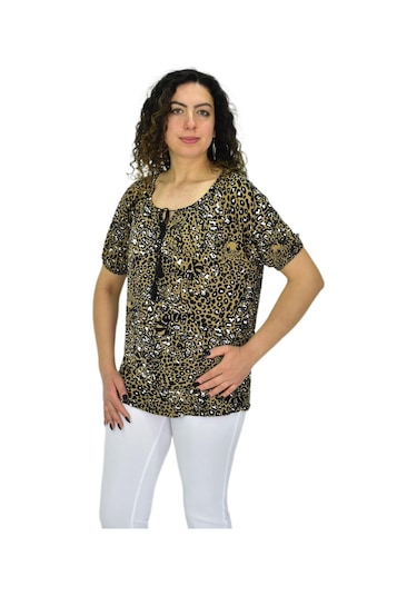 Kadın Kısa Kol Baskılı Bluz Bgl-st04702 VİZON