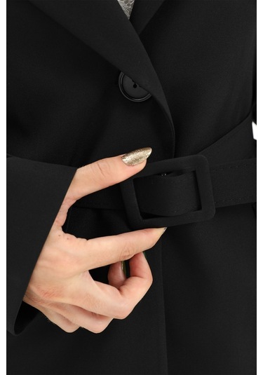 Düşük Omuz Kemerli Atlas Kumaş Blazer Ceket - Siyah-siyah Siyah