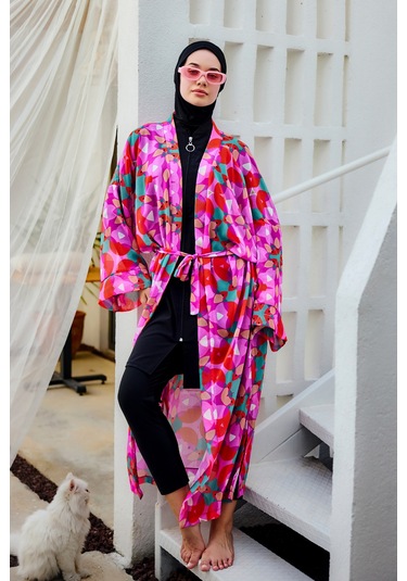 Remsa Tesettür Mayo Üzerine Tek Kaftan Kimono Pareo Pembe03 Rp024 Renkpare Pembe