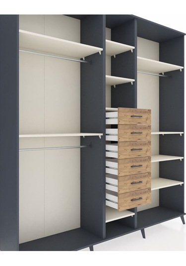 Hyperion Dolap 10 Raflı 6 Çekmeceli 3 Askılı 220x44x243 Antrasit-aytaşı/çam Aytası/atlas Çam