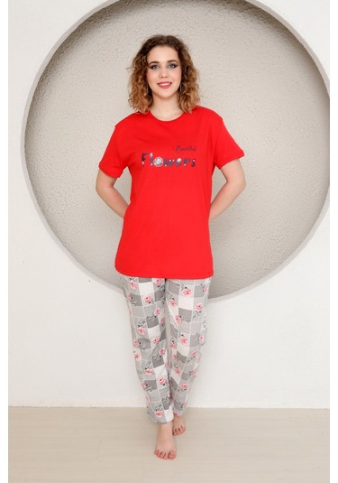 Fames Pijama Yazlik Çiçek Desen Kadin Pijama Takim Kırmızı
