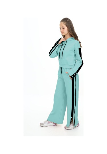 Kız Çocuk %100 Pamuk Kapüşonlu Uzun Kol Oversize Alt&üst Eşofman Takımı-eşt-0020 Mint