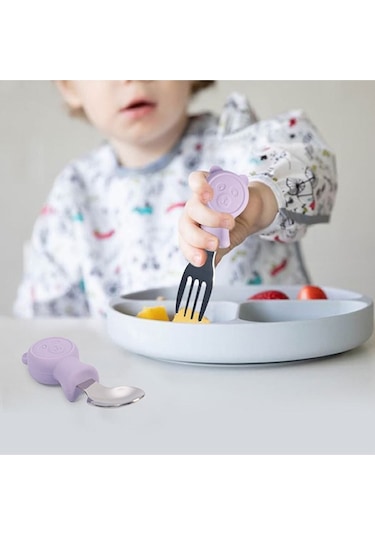 Jojobebek Kaşık Çatal Seti, Ergonomik Kısa Saplı Silikon, Paslanmaz Çelik Uçlu, Saklama Kutulu, 9-24 Ay / Gri