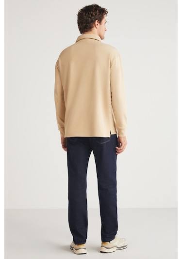 JOHN Erkek Polo Sweat Gömlek Yakalı Arkası Uzun Yırtmaçlı Diagonel Kumaşlı Bej Sweatshirt