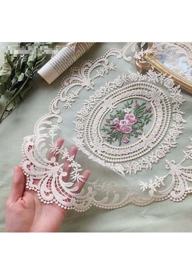 Geeksen 6 Parça El İşi Dantel Masa Örtüsü, Şık Fransız Kroşe Desenli, Dekoratif Masa Ve Bardak Altlığı Seti Bej