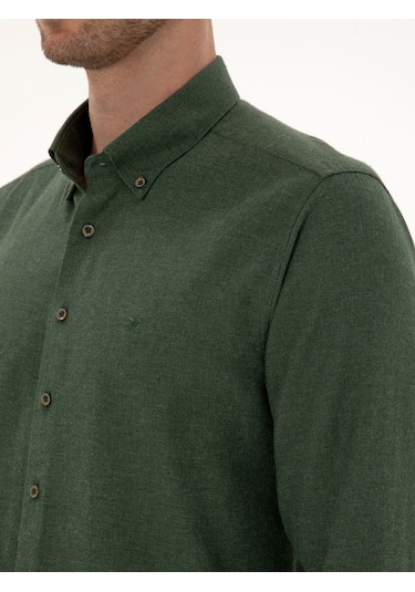 Cacharel Yeşil Slim Fit Pamuk Karışımlı Yakası Düğmeli Flanel Gömlek