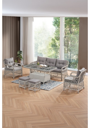 Edra Rattan Puflu Bahçe Balkon Takımı 3+1+1+camı Masa Kemik Rengi Kemik