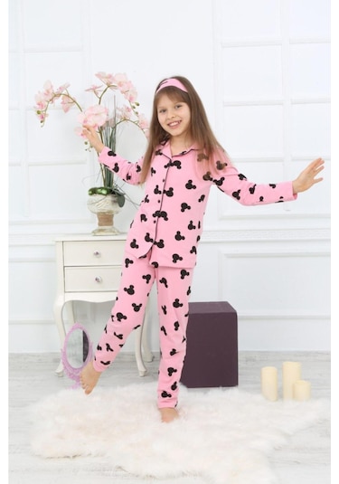 Kız Çocuk Pembe Renk Efsane Mickey Mouse Karakter Baskılı Desenli Pijama Alt Üst Takım Pembe