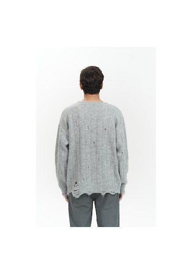 Vincent Yırtık Detay Gri Erkek Triko Kazak Gri