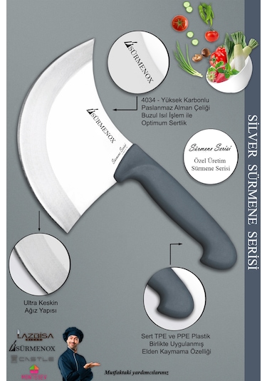 Sürmene Silver Serisi Gri Sap Mutfak Bıçak Börek Bıçağı Pizza Pide Bıçağı 2 Li Set Srm-03 Gri