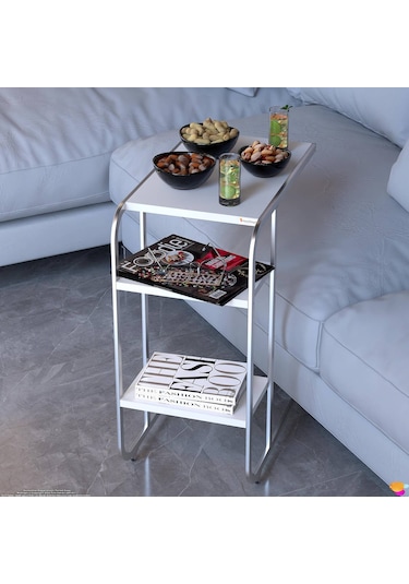 Modilayn C Yan Sehpa Dar Boy Tekerlekli Çalışma, Atıştırmalık, Yemek, Laptop Sehpası Beyaz Beyaz