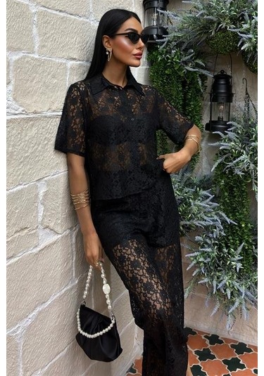 Pantolonu Astarlı Dantel İkili Takım 10119 Si Yah