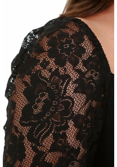 Kare Yaka Kolları Dantelli Elbise-1480 Siyah