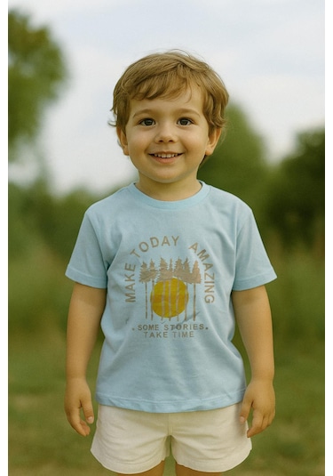 Erkek Çocuk %100 Pamuklu Baskılı Kısa Kollu Tişört - Açık Mavi 3-4 Yaş 8-9 Yaş Açık Mavi